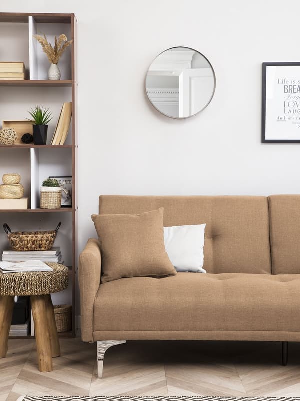 Vuodesohva beige 192 x 78 x 80 cm kangasverhoilu kolmelle metallijalat eukalyptuspuu