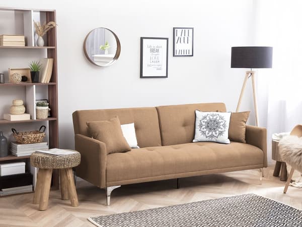 Vuodesohva beige 192 x 78 x 80 cm kangasverhoilu kolmelle metallijalat eukalyptuspuu