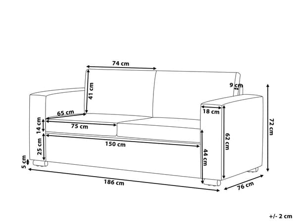 Sohva musta 186 x 72 x 76 cm nahkaverhoilu kolmelle irrotettavat päälliset