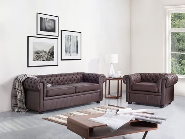 Sohva ruskea 195 x 70 x 75 cm nahkaverhoilu kolmelle chesterfield irrotettavat päälliset