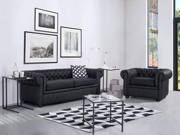 Sohva musta 195 x 70 x 75 cm nahkaverhoilu kolmelle chesterfield irrotettava päällinen
