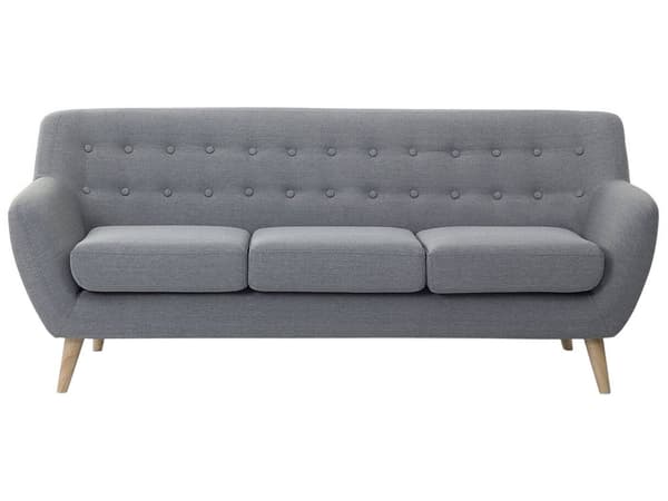 Sohva vaaleanharmaa kangas verhoiltu puujalat kolmelle hengelle napitettu divaanisohva retro tyyli