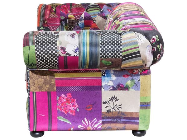 Sohva violetti 200 x 71 x 96 cm kangasverhoilu tilkkutäkkikuvio chesterfield kolmelle