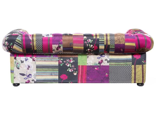 Sohva violetti 200 x 71 x 96 cm kangasverhoilu tilkkutäkkikuvio chesterfield kolmelle