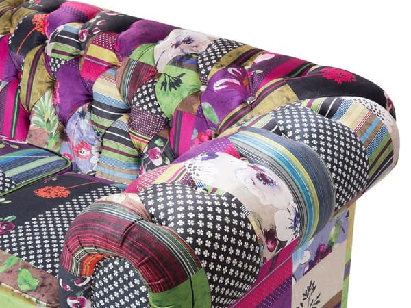 Sohva violetti 200 x 71 x 96 cm kangasverhoilu tilkkutäkkikuvio chesterfield kolmelle