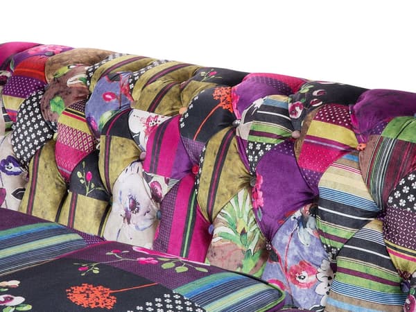 Sohva violetti 200 x 71 x 96 cm kangasverhoilu tilkkutäkkikuvio chesterfield kolmelle