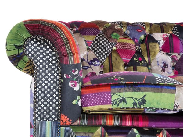 Sohva violetti 200 x 71 x 96 cm kangasverhoilu tilkkutäkkikuvio chesterfield kolmelle