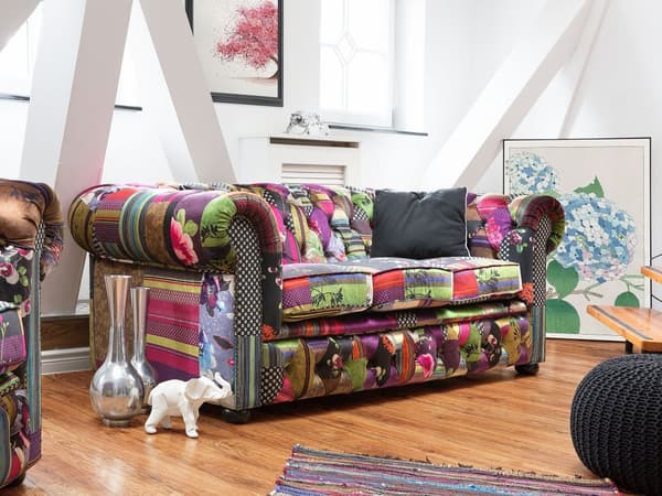 Sohva violetti 200 x 71 x 96 cm kangasverhoilu tilkkutäkkikuvio chesterfield kolmelle