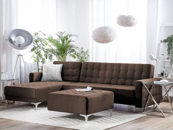 Kulmavuodesohva tummanruskea 267 x 168 x 83 cm kangasverhoilu metalli puu neljälle oikea