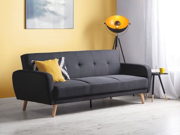 Bäddsoffa Svart Tyg Stoppad 3-sits Trä Ben Modernt Minimalistiskt Vardagsrum