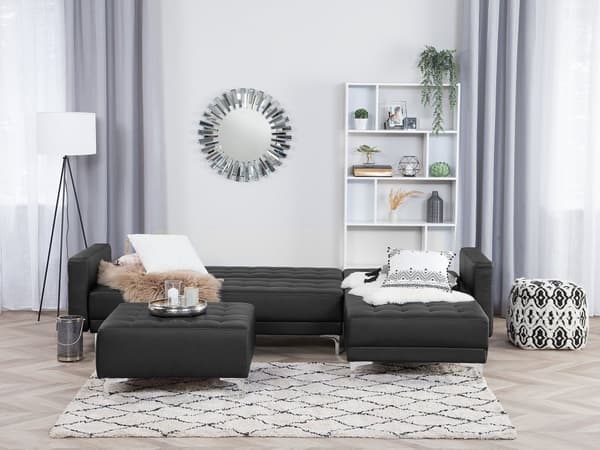 Hörnbäddsoffa Svart Konstläder Tuftad Modern L-formad Modulär 4-sits Vänstervänd Schäslong