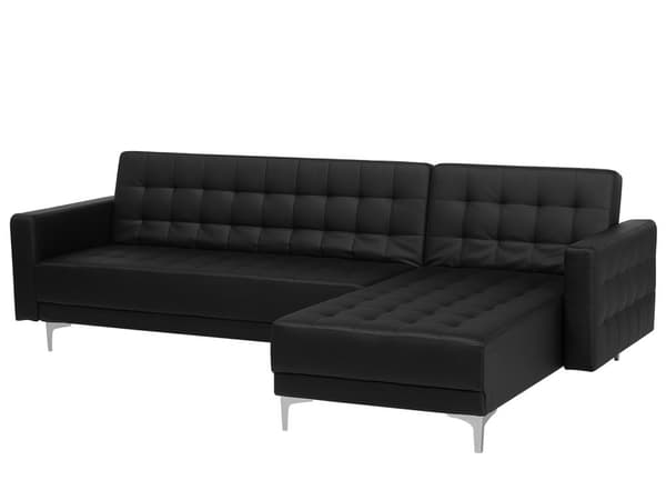 Hörnbäddsoffa Svart Konstläder Tuftad Modern L-formad Modulär 4-sits Vänstervänd Schäslong
