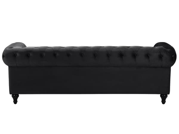 Chesterfield Soffa Svart Sammet Tyg Klädsel Mörka Trä Ben 3-sits Modern