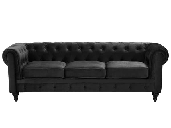 Chesterfield Soffa Svart Sammet Tyg Klädsel Mörka Trä Ben 3-sits Modern