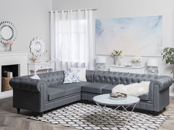 Chesterfield Högervänd Hörnsoffa Grå Tyg Klädsel Mörka Trä Ben 6-sits Modern