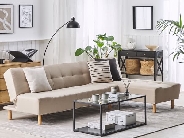 4-sits Vänstervänd Hörnsoffa Beige tyg med Ljusa Träben Schäslong