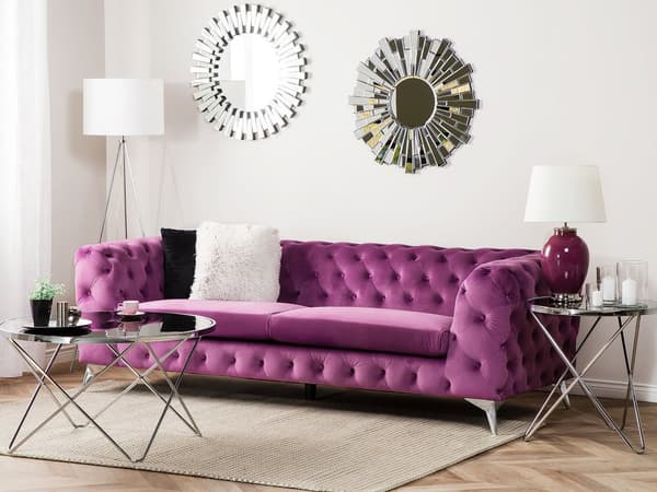 3-sits Soffa Lila Sammet Chesterfield Stil Lågt Ryggstöd