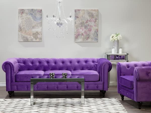 Chesterfield Soffa Lila Sammet Tyg Klädsel Mörka Trä Ben 3-sits Modern