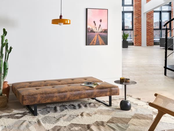 Vuodesohva tummanruskea 189 x 85 x 88 cm keinonahka metalli puu kolmelle käsinojaton säädettävä
