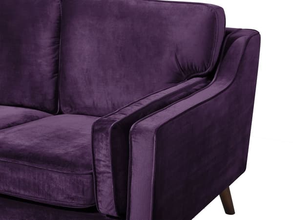 Sohva purppura kolmelle samettiverhoilu puujalat irrotettavat tyynynpäälliset retro