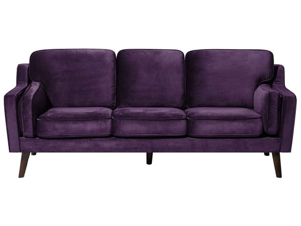 Sohva purppura kolmelle samettiverhoilu puujalat irrotettavat tyynynpäälliset retro
