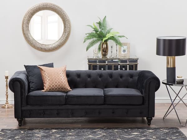 Sohva musta 201 x 70 x 75 cm samettiverhoilu kolmelle chesterfield