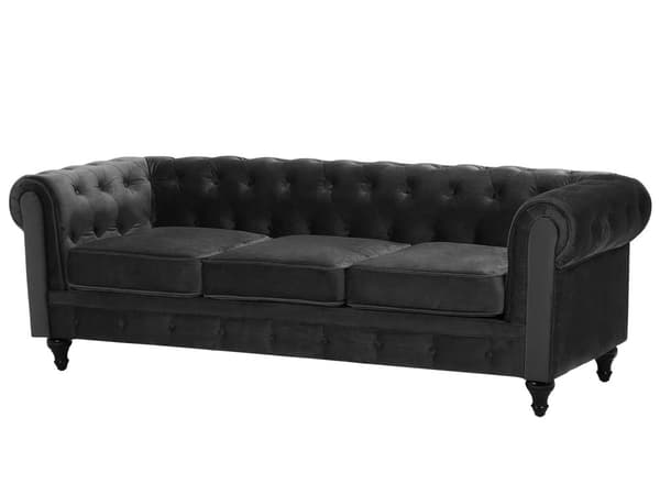 Sohva musta 201 x 70 x 75 cm samettiverhoilu kolmelle chesterfield