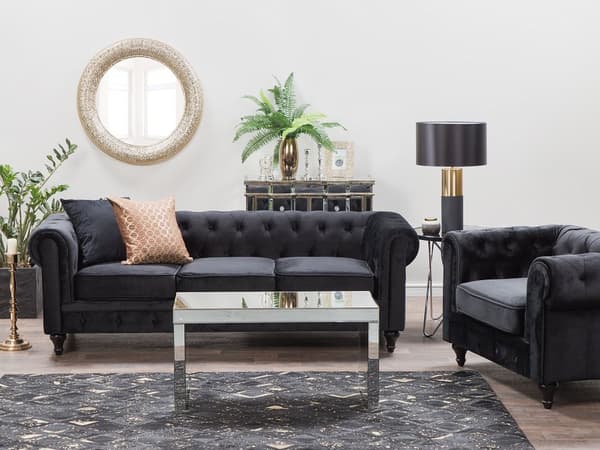 Sohva musta 201 x 70 x 75 cm samettiverhoilu kolmelle chesterfield