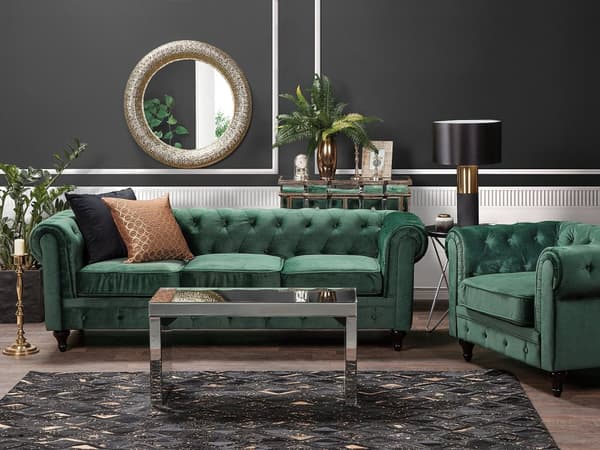 Sohva vihreä 201 x 70 x 75 cm samettiverhoilu kolmelle chesterfield