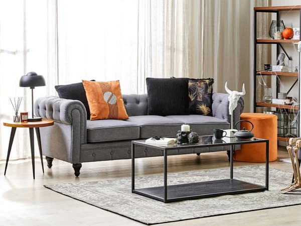 Sohva vaaleanharmaa 222 x 78 x 85 cm kangasverhoilu kolmelle chesterfield