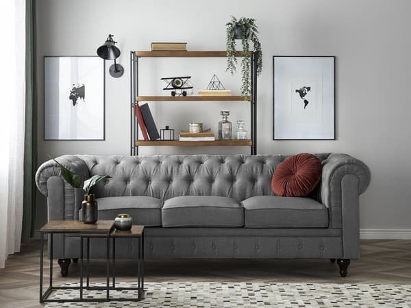 Sohva vaaleanharmaa 222 x 78 x 85 cm kangasverhoilu kolmelle chesterfield