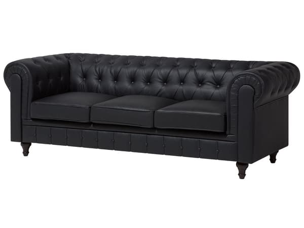 Sohva musta 222 x 78 x 85 cm keinonahkaverhoilu kolmelle chesterfield