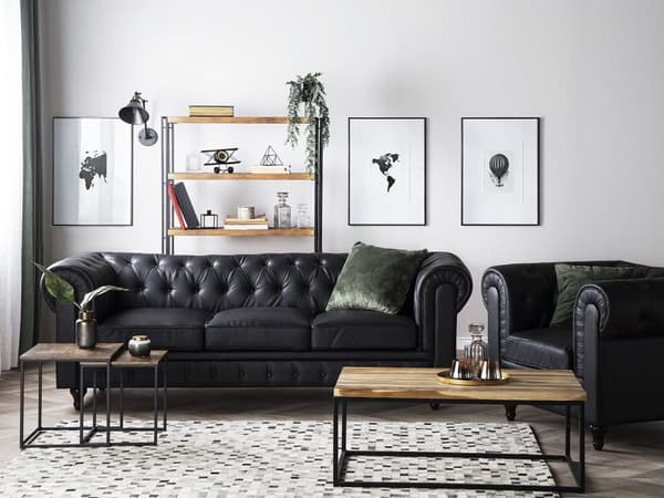 Sohva musta 222 x 78 x 85 cm keinonahkaverhoilu kolmelle chesterfield