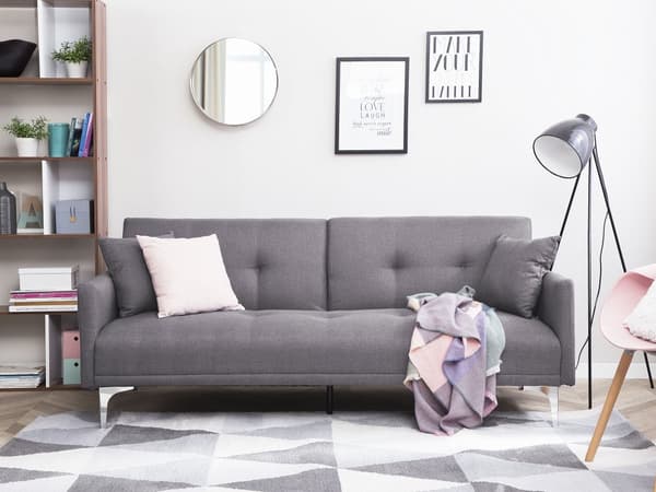 Vuodesohva harmaa 192 x 78 x 80 cm kangasverhoilu kolmelle metallijalat eukalyptuspuu