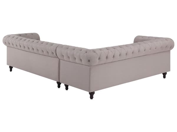 Kulmasohva beige 280 x 77 x 85 cm kangasverhoilu kuudelle oikeakätinen chesterfield