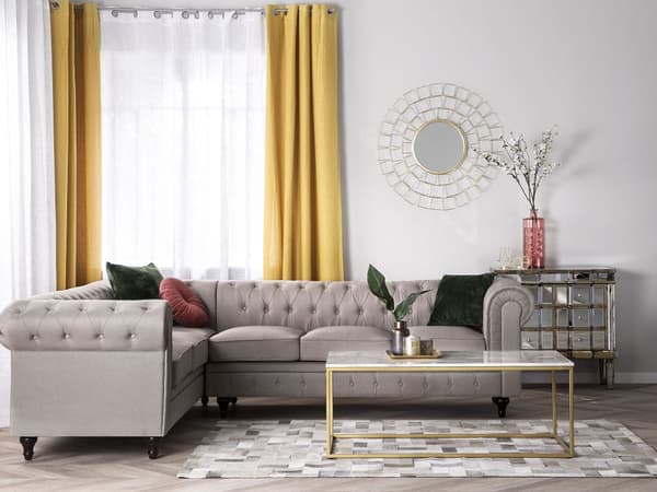 Kulmasohva beige 280 x 77 x 85 cm kangasverhoilu kuudelle oikeakätinen chesterfield