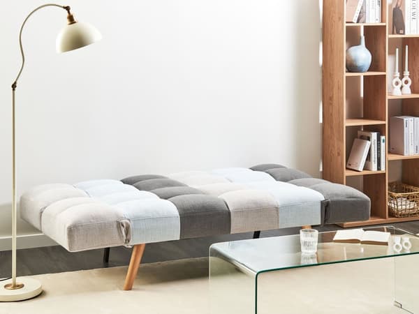 Bäddsoffa Grå Blå Lappptäcke Stoppad 3-sits Tillbakalutande Ryggstöd