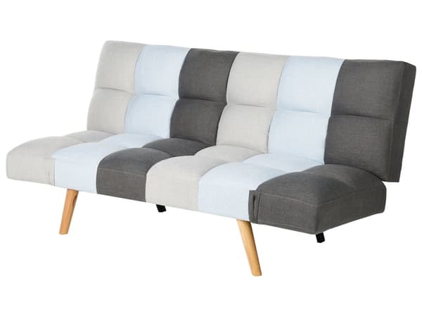 Bäddsoffa Grå Blå Lappptäcke Stoppad 3-sits Tillbakalutande Ryggstöd
