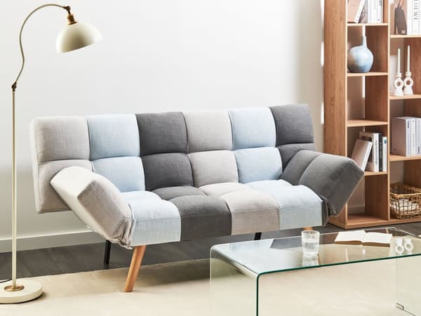 Bäddsoffa Grå Blå Lappptäcke Stoppad 3-sits Tillbakalutande Ryggstöd