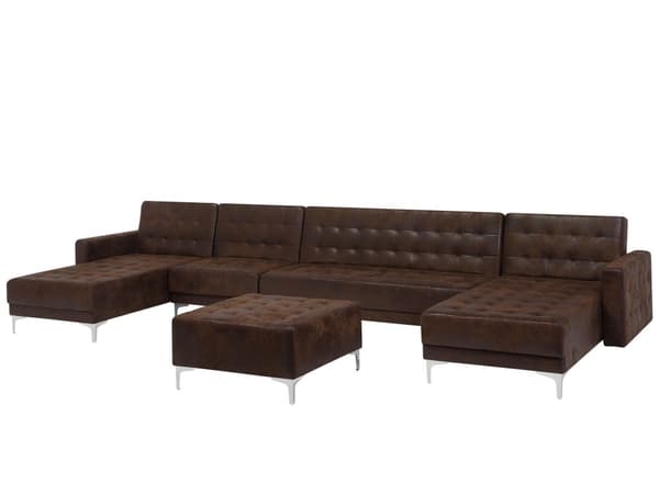 U-kulmavuodesohva ruskea 428 x 168 x 83 cm keinonahkaverhoilu metalli puu kuudelle rahi