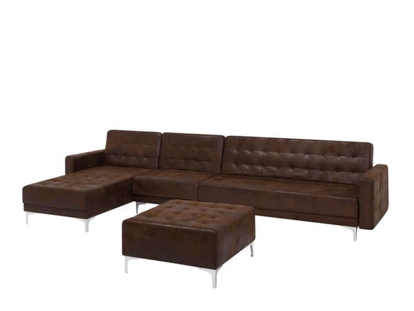 Kulmavuodesohva ruskea 347 x 168 x 83 cm keinonahkaverhoilu metalli puu viidelle oikea rahi