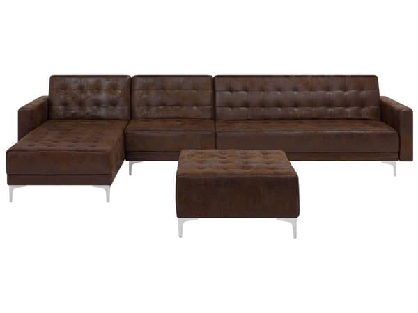 Kulmavuodesohva ruskea 347 x 168 x 83 cm keinonahkaverhoilu metalli puu viidelle oikea rahi