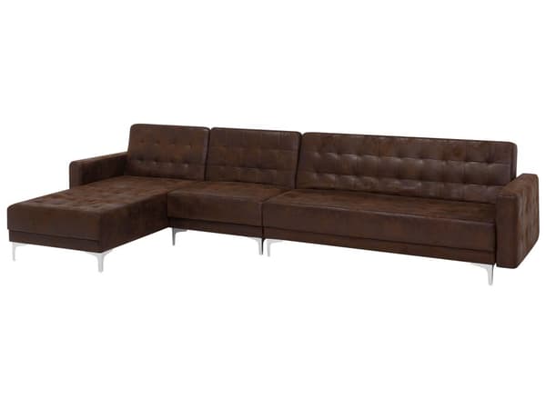 Kulmavuodesohva ruskea 347 x 168 x 83 cm keinonahkaverhoilu metalli puu viidelle oikea