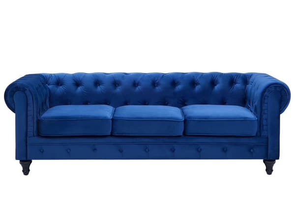 Chesterfield Soffa Blå Sammet Tyg Klädsel Svarta Ben 3-sits Modern