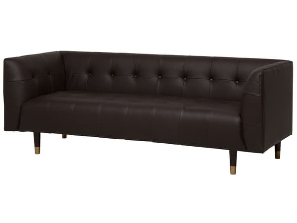 Soffa Brun Konstläder 3-sits Knappar Gummiträ Ben Retro