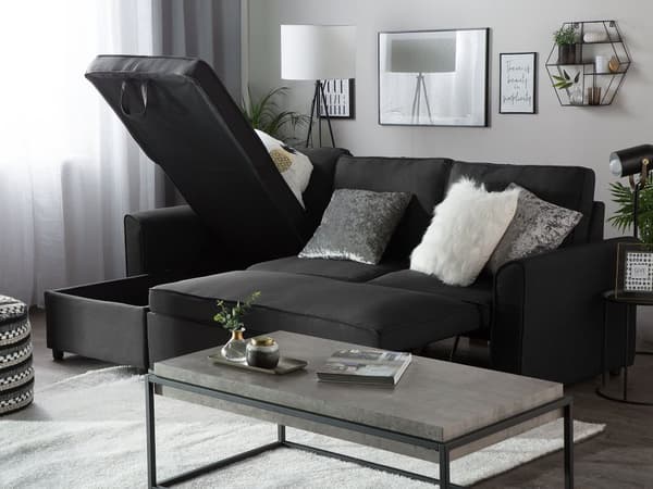 Högervänd Hörnbäddsoffa med Förvaring Svart tyg