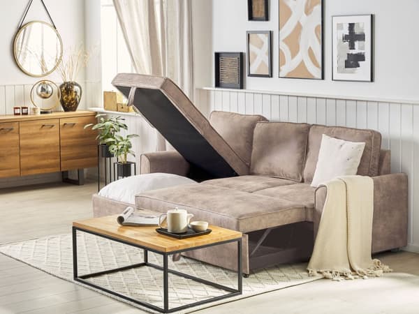 Högervänd Hörnbäddsoffa med Förvaring Brun Fuskläder