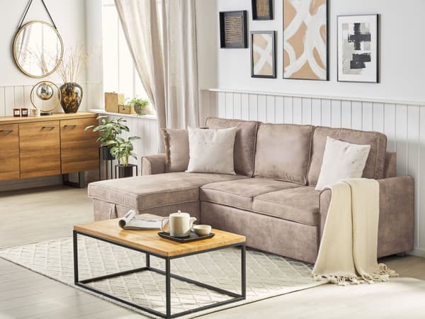 Högervänd Hörnbäddsoffa med Förvaring Brun Fuskläder