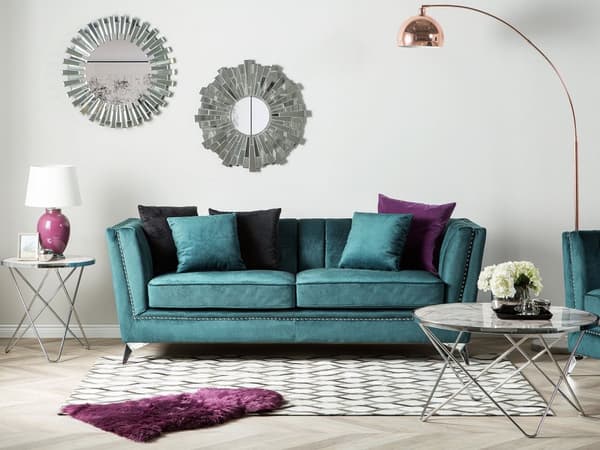 Sohva sinivihreä 211 x 77 x 80 cm sametti metalli puu kolmelle verhoilunaula glamour
