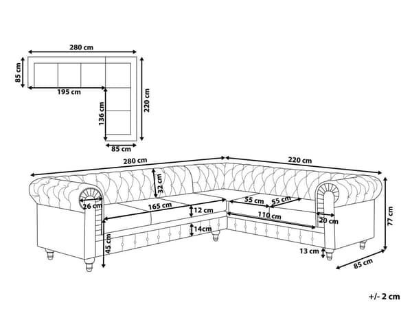 Kulmasohva vaaleanharmaa 280 x 77 x 85 cm kangasverhoilu kuudelle vasenkätinen chesterfield
